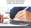 A person's hand is holding a white stylus over a tablet, with three small inset images showing different writing strokes. Produktbild-Vorschau