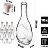 A collection of empty glass bottles with cork stoppers, along with a single bottle shown in detail with measurement callouts and icons indicating quantity, weight, and volume. Anteprima dell’immagine prodotto