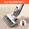 A close-up shot of a white and gray vacuum cleaner head on a beige carpet, with an inset showing a water tank. Text overlays indicate product compatibility and a purchase reminder. Produktbild-Vorschau