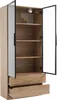 An open glass display cabinet with wooden shelves and drawers. Voir les images du produit