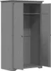 A gray wooden wardrobe with its doors open. Voir les images du produit