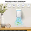 An air purifier is shown plugged into a wall outlet, emitting purified air with leaves and bubbles. Produktbild-Vorschau