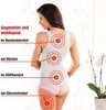 A woman is shown from the back, with red circles indicating areas of the body where a massage mat is beneficial. Produktbild-Vorschau