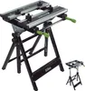 A black folding workbench with silver and green accents, shown against a white background. A smaller inset image shows the workbench at a lower height. Produktbild-Vorschau
