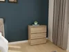 A bedroom scene with a chest of drawers next to a bed and curtains. Náhled obrázku produktu