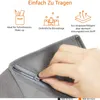 A hand is shown zipping up a grey fabric storage box. Above the box are three marketing icons with German text describing features. Produktbild-Vorschau