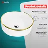 A white ceramic sink with a gold rim, presented with product details and dimensions. Produktbild-Vorschau