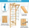 A wooden climbing wall with various accessories, with close-up insets highlighting details. Podgląd zdjęcia produktu
