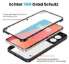 An exploded view of a phone case, showing its three layers: a clear front cover with screen protector, a phone with a screen displaying the time, and a black back cover with clip-in technology. Produktbild-Vorschau