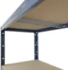 Close-up view of a blue metal shelving unit with brown particleboard shelves. Voir les images du produit