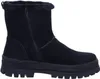 A black suede boot with a faux fur lining and a thick lug sole is shown against a white background. Produktbild-Vorschau