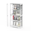 A white, four-tier glass display cabinet with its doors open, showcasing various decorative items and books on its shelves. Náhled obrázku produktu