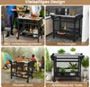 A collage of four images showcasing a grill cart in different settings: as a BBQ prep station, a kitchen cart, a pizza oven table, and a potting table. Produktbild-Vorschau