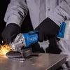 A person wearing black gloves is using a blue and silver angle grinder on a metal surface, creating sparks. Produktbild-Vorschau