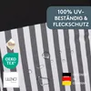 Close-up of a striped fabric with water droplets, featuring various certification logos and text overlays. Produktbild-Vorschau