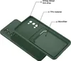 A dark green phone case is shown from an angled perspective, with a second case partially underneath it. Labels point to different features of the case. Produktbild-Vorschau