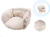 A close-up of a beige cushion for a hanging chair, with two smaller inset images showing the chair in use and a close-up of the fabric texture. Podgląd zdjęcia produktu