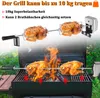 Two roasted chickens on a rotisserie spit over a grill with flames, with a close-up of the rotisserie mechanism and text overlays. Náhled obrázku produktu