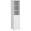 A tall, white bathroom cabinet with three open shelves and a single cabinet door at the bottom, shown against a white background. Produktbild-Vorschau