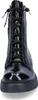 A close-up, front-facing view of a black patent leather lace-up boot with a thick sole. Produktbild-Vorschau