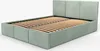A mint-colored upholstered bed frame with a slatted base, shown from a diagonal angle against a white background. Produktbild-Vorschau