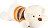 A white plush dog wearing a striped sweater. Produktbild-Vorschau