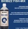 A bottle of BioBizz Fish-Mix fertilizer is shown against a dark blue background with German text describing its benefits. Produktbild-Vorschau