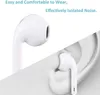 A close-up image of white earbuds, with one shown in isolation and the other placed in a human ear. Text overlays highlight features. Produktbild-Vorschau