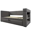 A grey upholstered bed frame with wooden slats and built-in storage drawers and shelves. Anteprima dell’immagine prodotto