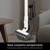 A cordless vacuum cleaner is shown standing upright on its charging base next to a sofa and a table. Anteprima dell’immagine prodotto