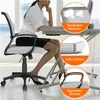 A woman is sitting at a desk using an office chair, with close-up insets highlighting the chair's features. Produktbild-Vorschau
