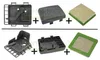 A collage of air filter components for a lawnmower engine, showing different parts and their assembly. Produktbild-Vorschau