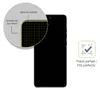 A close-up of a phone screen protector showing its edge coverage and a checkmark icon indicating a perfect fit. Produktbild-Vorschau
