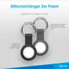 Two silicone holders for Apple AirTags, one black and one gray, are shown with keyrings attached. Produktbild-Vorschau