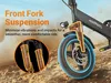 Close-up of an electric bicycle's front fork suspension, with text highlighting its features. Náhľad obrázku produktu
