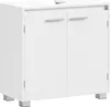A white cabinet with two doors and silver handles, standing on four silver block legs. Produktbild-Vorschau