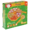 The image shows the packaging of a wooden toy pizza set. The packaging is green with yellow accents and features an illustration of the toy pizza with various toppings. Podgląd zdjęcia produktu