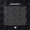 A dark, textured background with white text listing product ingredients. Voir les images du produit
