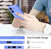 A person is holding a purple phone case, with close-ups of the case's features shown below. Produktbild-Vorschau