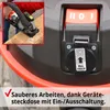 Close-up of a vacuum cleaner's power outlet and switch, with an inset image showing a person using a circular saw connected to the vacuum. Produktbild-Vorschau