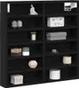 A black wooden display shelf filled with various decorative items. Produktbild-Vorschau