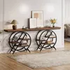 A long console table with geometric metal frames and wooden shelves, decorated with a lamp, books, and flowers. Podgląd zdjęcia produktu