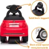 A red ride-on toy car designed to look like a Fiat 500, with close-up insets highlighting its features. Produktbild-Vorschau