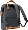 A dark gray backpack with brown leather accents is shown from the back. Produktbild-Vorschau