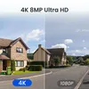 A split image showing a comparison between 4K 8MP Ultra HD and 1080P resolution of a residential street with houses. Produktbild-Vorschau