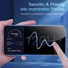 A hand holding a smartphone displaying a performance test app, with marketing text overlayed on the background. Produktbild-Vorschau