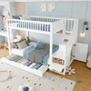 A child's bedroom with a white bunk bed, decorated with blue bedding and pillows. Produktbild-Vorschau
