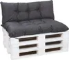 A grey cushion set for a pallet sofa, placed on a white wooden pallet base, against a white background. Produktbild-Vorschau