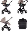 A collage of four images showing a baby stroller with a car seat and a diaper bag. Produktbild-Vorschau