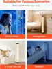 Collage of four images showing a bubble lamp in different settings: a sensory room with a child, a nursing home room, a living room with a cat, and a bedroom with a sleeping person. Anteprima dell’immagine prodotto